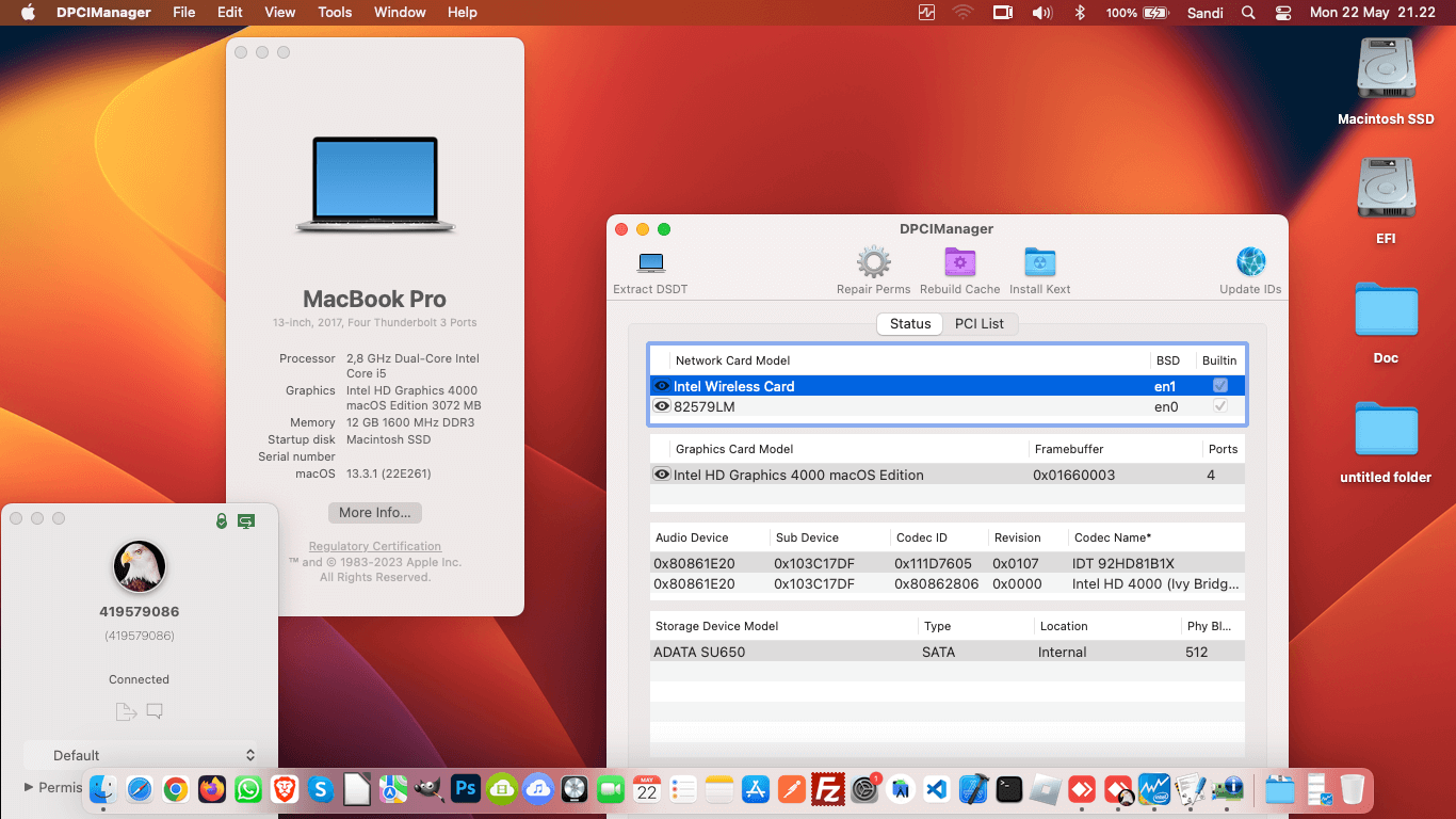 Success Hackintosh macOS Ventura 13.3.1 Build 22E261 in HP Elitebook 2570P